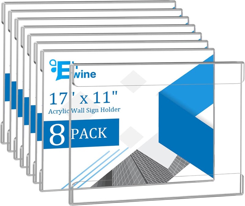 EHWINE 8 Pack 11x17 Wall Mount Acrylic Sign Holder,Horizontal Wall Signs Photo Menu Flyer Display Holders, Plastic Clear Acrylic Frames for Office Home Hotel Business Store (with Adhesive Tape) - Image 1